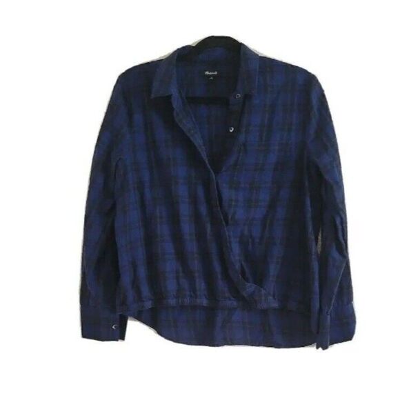 Madewell Wrap Front Plaid Shirt Navy  Long Sleeve Size Medium H3254 - Picture 2 of 8